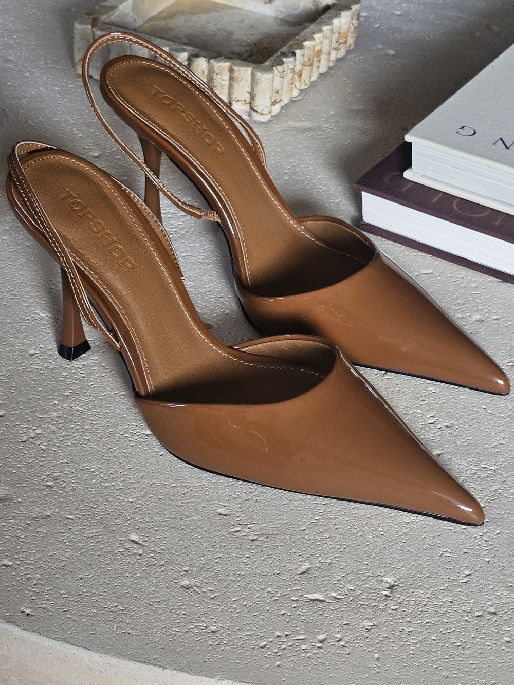 Topshop Cognac Patent Pointed Slingback Heels
